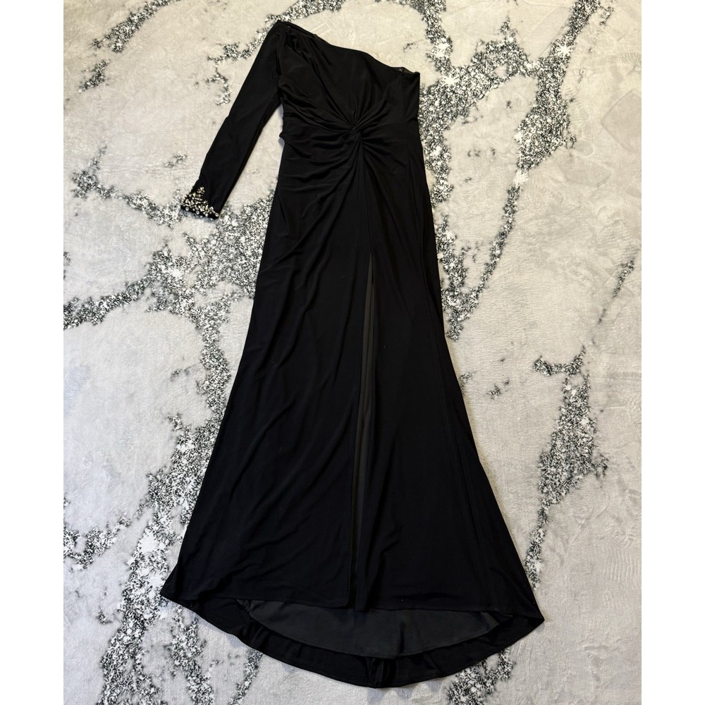 Ieena For Mac Duggal Dress Womens Size 6 Black Off One Shoulder Sequin Cuff Maxi